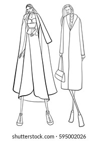 Fashion vector illustration, models, posing, women in modern clothes