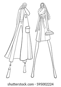 Fashion vector illustration, models, posing, women in modern clothes
