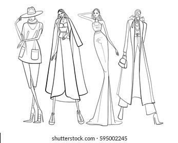 Fashion vector illustration, models, posing, women in modern clothes