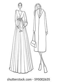 Fashion vector illustration, models, posing, women in modern clothes