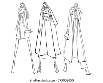 Fashion vector illustration, models, posing, women in modern clothes