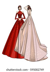 Fashion vector illustration, models, posing, women in modern clothes