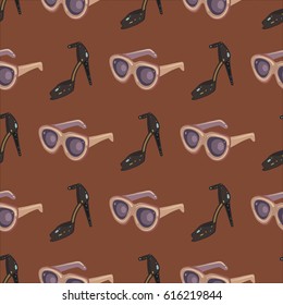 Fashion vector illustration, pattern, shoes, glasses 