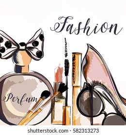 Fashion vector illustration with perfume, make up, mascara, lipstick