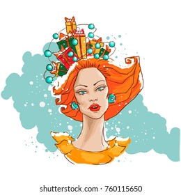 Fashion vector illustration. Portrait of a beautiful woman. Hat in the form of gifts. Hand drawn sketch.