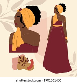 Fashion vector illustration portrait of a girl in abstract style. Afro American. Trend flat style boho. Avatar with leaves