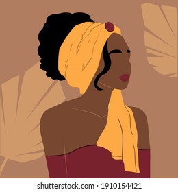 Fashion vector illustration portrait of a girl in abstract style. Afro American. Trend flat style. Avatar