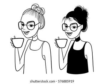 Fashion vector illustration, portrait, posing, make up, girl drinks, smile, hair style