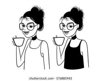 Fashion vector illustration, portrait, posing, make up, girl drinks, smile, hair style