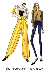 Fashion vector illustration, posing, women in modern clothes, models