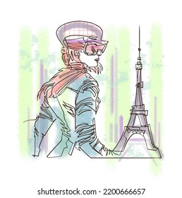 Fashion vector illustration - profile of a beautiful young woman in aviator glasses, 1930's style, leather jacket, side view against eiffel tower, concept