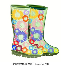 Fashion vector illustration with rubber green boots decorated with flowers