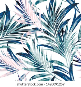 Fashion vector illustration seamless pattern with tropical watercolor palm leaves, watercolor style