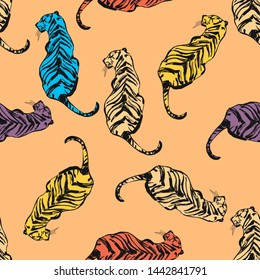 Fashion vector illustration. Seamless pattern with stylized colorful tigers. Surface animalistic background. Fun illustration for fabric, wallpaper, cover, cards, pet products and other.