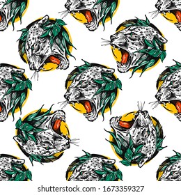  Modeerscheinung Vektorillustration. Nahtloses Muster mit stylisierten bunten Tigern. Hintergrund, animalischer Hintergrund. Vergnügen-Illustration für Gewebe, Tapeten, Deckel, Karten, Heimtierprodukte und andere.