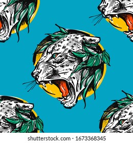  Modeerscheinung Vektorillustration. Nahtloses Muster mit stylisierten bunten Tigern. Hintergrund, animalischer Hintergrund. Vergnügen-Illustration für Gewebe, Tapeten, Deckel, Karten, Heimtierprodukte und andere.