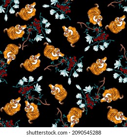 Fashion vector illustration. Seamless pattern with stylized tigers. Surface animalistic background. Fun illustration for fabric, wallpaper, cover, cards, pet products and other. - Vector