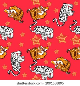 Fashion vector illustration. Seamless pattern with stylized tigers. Surface animalistic background. Fun illustration for fabric, wallpaper, cover, cards, pet products and other. - Vector