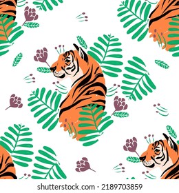 Fashion vector illustration. Seamless pattern with stylized colorful tigers. Surface animalistic background. Fun illustration for fabric, wallpaper, cover, cards, pet products and other.