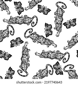 Fashion vector illustration. Seamless pattern with stylized tigers. Surface animalistic background. Fun illustration for fabric, wallpaper, cover, cards, pet products and other.