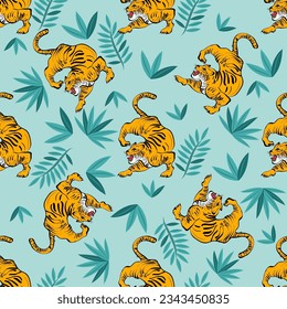 Fashion vector illustration. Seamless pattern with stylized colorful tigers. Surface animalistic background. Fun illustration for fabric, wallpaper, 