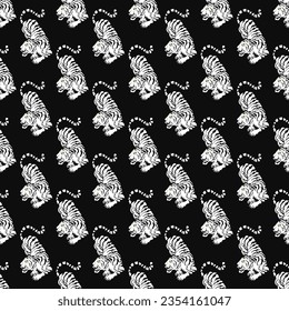 Fashion vector illustration. Seamless pattern with stylized tigers. Surface animalistic background. Fun illustration for fabric, wallpaper, cover, cards, pet products and other.