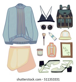 Fashion vector illustration set: clothes, objects, sweater, skirt, bra, cap, bag, backpack, clock, sandals, shoes, glasses, flame, brush, color