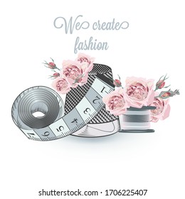 Fashion vector illustration with sewing accessories and roses
