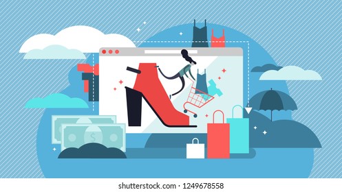 Fashion vector illustration. Shopping in store online to get trendy clothes. Industry that sell shoes and dresses. People pursuit for brand and designer fabric to be stylish and to feel beautiful.