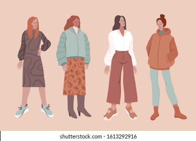 Fashion vector illustration in simple flat style - stylish girls in modern outfits with ugly sneakers - female character