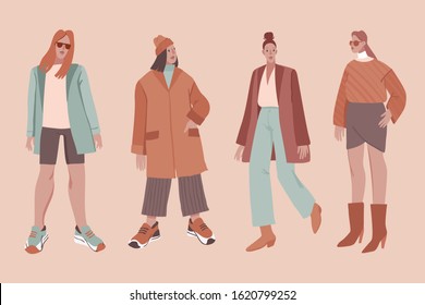 Fashion vector illustration in simple flat style - stylish girls in modern outfits with ugly sneakers - female character