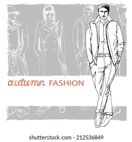 Fashion Vector  Illustration. Stylish Autumnal Dude Men .In The Style Of Doodle Outline Hand Drawing  Sketch. EPS10 Grunge Background