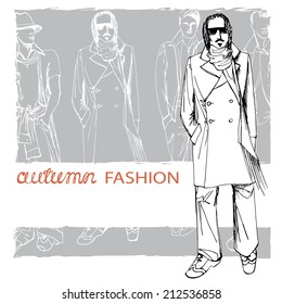 Fashion vector  illustration. Stylish autumnal dude men in coat .In the style of doodle outline hand drawing  sketch. EPS10 grunge background
