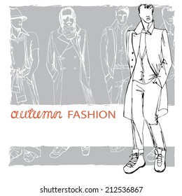 Fashion vector  illustration. Stylish autumnal dude men in coat.In the style of doodle outline hand drawing  sketch. EPS10 grunge background