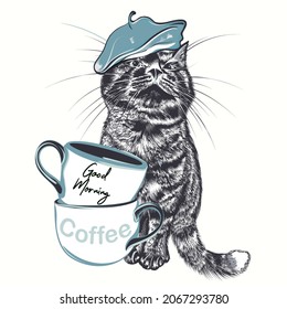 Fashion vector illustration with stylish cat in blue cap and coffee cups