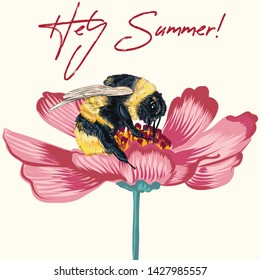 Fashion vector illustration, T-shirt print with cosmos flower and bumblebee. Hello summer. Macro insect