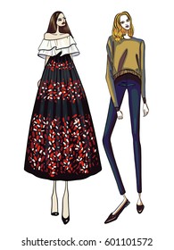 Fashion vector illustration, two models, girls, posing, women in modern clothes