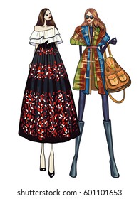 Fashion vector illustration, two models, girls, posing, women in modern clothes