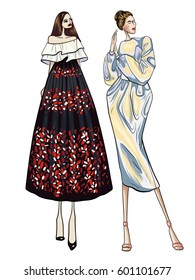 Fashion vector illustration, two models, girls, posing, women in modern clothes