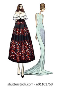 Fashion vector illustration, two models, girls, posing, women in modern clothes