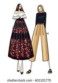 Fashion vector illustration, two models, girls, posing, women in modern clothes