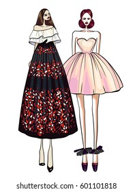 Fashion vector illustration, two models, girls, posing, women in modern clothes