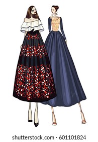 Fashion vector illustration, two models, girls, posing, women in modern clothes