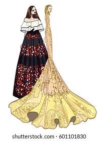 Fashion vector illustration, two models, girls, posing, women in modern clothes