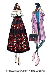 Fashion vector illustration, two models, girls, posing, women in modern clothes