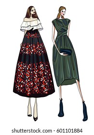Fashion vector illustration, two models, girls, posing, women in modern clothes