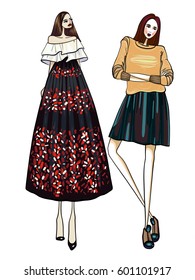 Fashion vector illustration, two models, girls, posing, women in modern clothes
