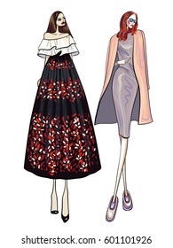 Fashion vector illustration, two models, girls, posing, women in modern clothes