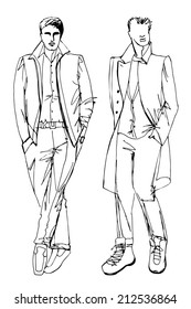 Fashion Vector  Illustration. Two Stylish Autumnal Dude Mens .In The Style Of Doodle Outline Hand Drawing  Sketch. 