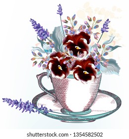 Fashion vector illustration with vintage cup and spring  violets flowers